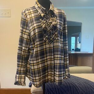 CAbi Seattle plaid flannel ruffle button top, size large.